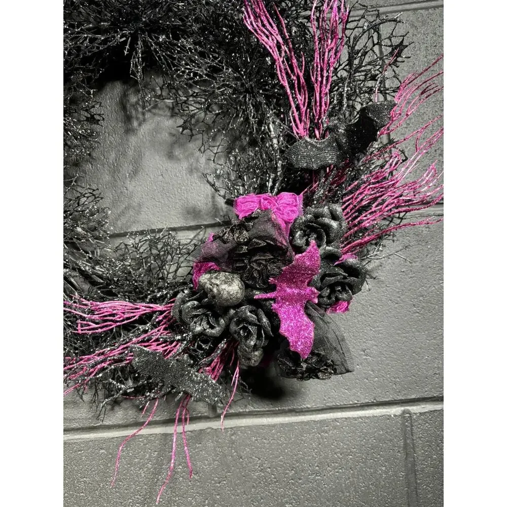 Halloween Wreath Black Purple Spiders Skulls Front Door Decor Handmade 20 Inch